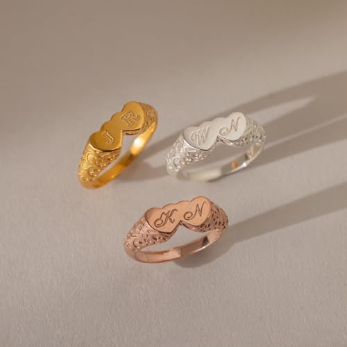 CAITLYNMINIMALIST Personalized Initial Letter Signet Ring, Custom Heart Gold Ring, 18K Gold Plated Silver, Personalized Gift for Women, Gift for Mom