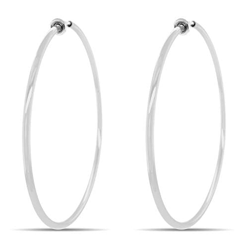Clip On Spring Hoop Earrings for Non-Pierced Ears - color: Bright Silver-Tone, size: 60mm
