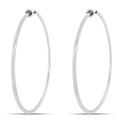 Clip On Spring Hoop Earrings for Non-Pierced Ears - color: Bright Silver-Tone, size: 60mm