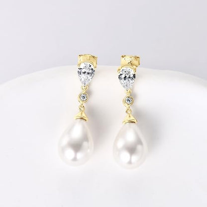 925 Sterling Silver Pearl Drop Earrings for Women, June Birthstone Long Dangle Pearl Jewelry Gifts for Her - color: 13mm Gold