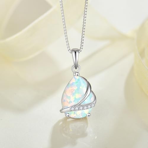 Birthstone Pendant Necklace 925 Sterling Silver Teardrop Jewelry for Women - color: lridescent White