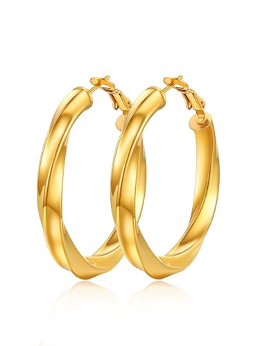 FindChic Twisted Hoop Earrings for Women, Silver/Black/14K Gold Plated Hypoallergenic Hollow Tube Rounded Loop Earrings, 30mm/40mm/60mm/80mm Hoops with Custom Name Options and Gift Box - color: c.Gold, size: 40MM