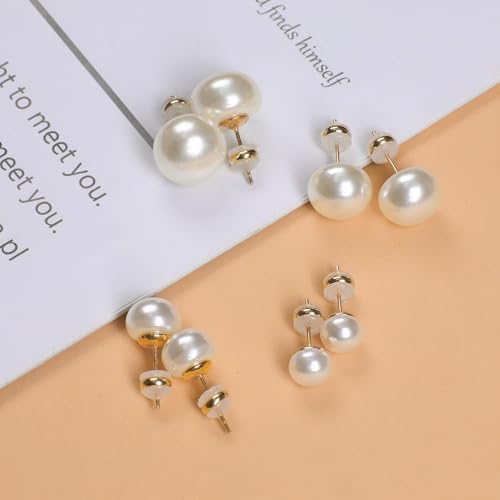4 Pairs Pearl Stud Earrings Sterling Silver Earring Set | 14K Plated Gold Hypoallergenic Earring stud Large size Round pearl 8mm-14mm Set Earrings for women - style: Flat Round-4 Pairs
