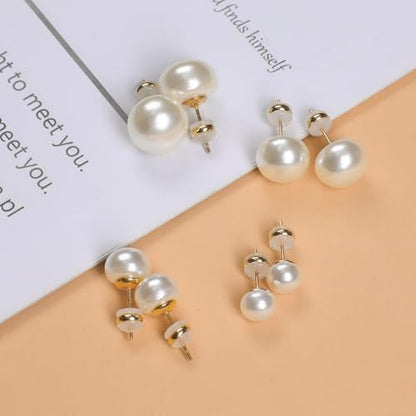 4 Pairs Pearl Stud Earrings Sterling Silver Earring Set | 14K Plated Gold Hypoallergenic Earring stud Large size Round pearl 8mm-14mm Set Earrings for women - style: Flat Round-4 Pairs
