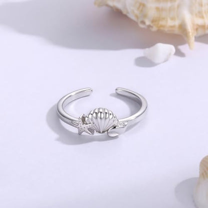 Sariel 925 Sterling Silver Toe Rings for Women Boho Adjustable Mid Finger Rings Summer Vacation Ocean Beach - color: Shell