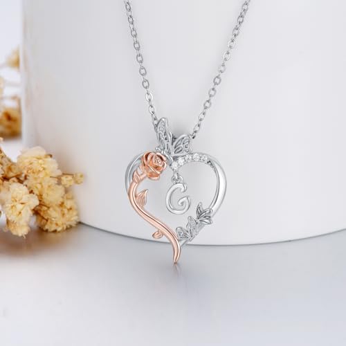 TOUPOP Gifts for Women Her 925 Sterling Silver Rose Heart Initial Necklace Butterfly Heart Jewelry Anniversary Birthday Gifts for Wife Girlfriend Mom - color: G Initial
