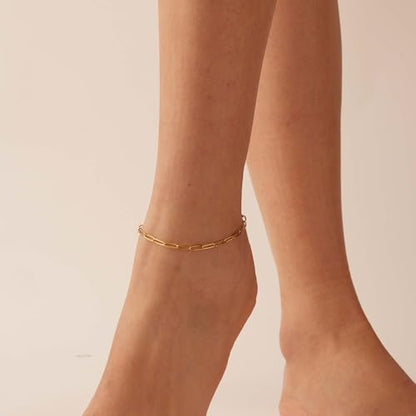 Dainty Ankle Bracelets for Women 18K Gold Plated Waterproof | Satellite Beaded Herringbone Lip Chain Anklets Simple Minimalist Summer Beach Foot Jewelry, Gift Box Included - color: Paperclip-Gold