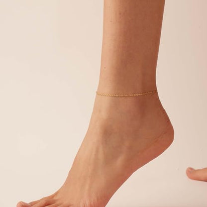 Dainty Ankle Bracelets for Women 18K Gold Plated Waterproof | Satellite Beaded Herringbone Lip Chain Anklets Simple Minimalist Summer Beach Foot Jewelry, Gift Box Included - color: O Chain-Gold