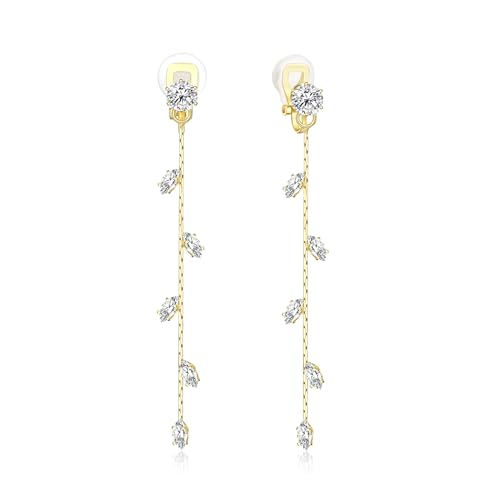 Gold/Silver Clip on Earrings Non Pierced for Women - 14K Gold Plated Long Tasse Drop Dangle Clip Earrings - Cubic Zirconia Leaf Earrings for Women Gold Wedding Jewelry Gifts - color: Gold-cz