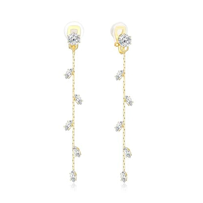 Gold/Silver Clip on Earrings Non Pierced for Women - 14K Gold Plated Long Tasse Drop Dangle Clip Earrings - Cubic Zirconia Leaf Earrings for Women Gold Wedding Jewelry Gifts - color: Gold-cz