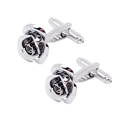 Unique Rose Flower Cufflinks and Tie Clip Set for Men Regular Necktie | Silver/Golden/Black Men's Tie Pin and Cuff Links for Wedding Party Daily Office Formal Casual Business Tuxedo Dress Accessory - style: Silver Cufflinks Tie Pin Set