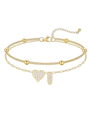 KeyStyle Heart Initial Ankle Bracelets for Women, Layered CZ A-Z Letter | 14K Gold Plated or Silver Stainless Steel Anklet, Hypoallergenic Waterproof Layered Jewelry for Daily Wear & Special Gifts - color: Gold-I