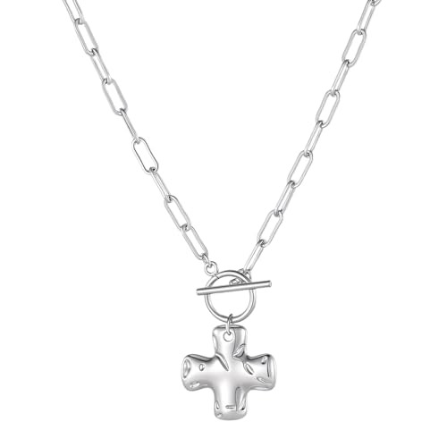 Joxevyia Gold Cross Necklace for Women Hammered Cross Pendant Toggle Clasp Paperclip Chain Statement Choker Bold Faith Jewelry Gift - color: silver cross necklace, size: 16 inches