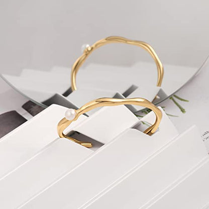 PERNNLA PEARL Dainty Gold Bar Bracelet for Women Simple Delicate Thin Cuff Bangle Hook Bracelet 18K Gold Plated Handmade Minimalist Jewelry - color: 7.Wave