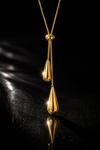 Gold Double Teardrop Lariat Necklace, Drop Style Chain | Adjustable Length, Dual Pendant Drop, Polished Finish, Y-Style Lariat, Women's Jewelry