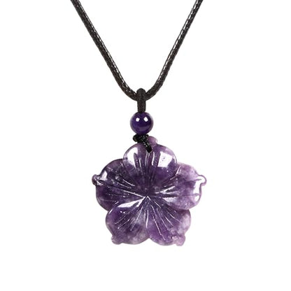 Justinstones Hand Carved Healing Crystals Gemstone Hawaii Flower Pendant Hand Weaving Wax Rope Necklace 22 inch - color: Lepidolite Lithium Mica