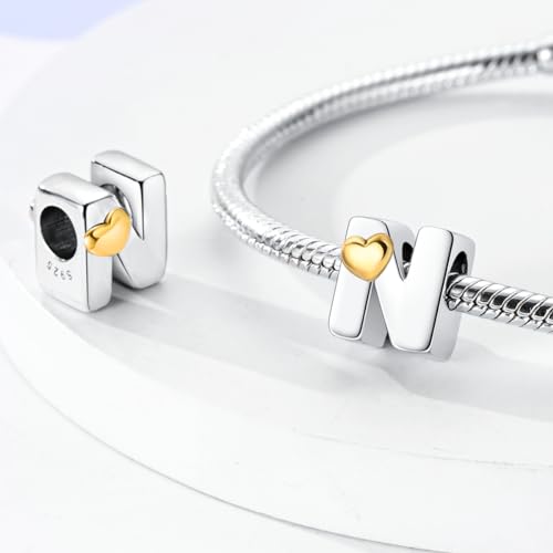 925 Sterling Silver Letter Charms A-Z for Bracelet Necklace Alphabet Bead | Heart letter A B C D G J charm initial gold Pendant beads Jewelry Gift for Women - color: Letter N