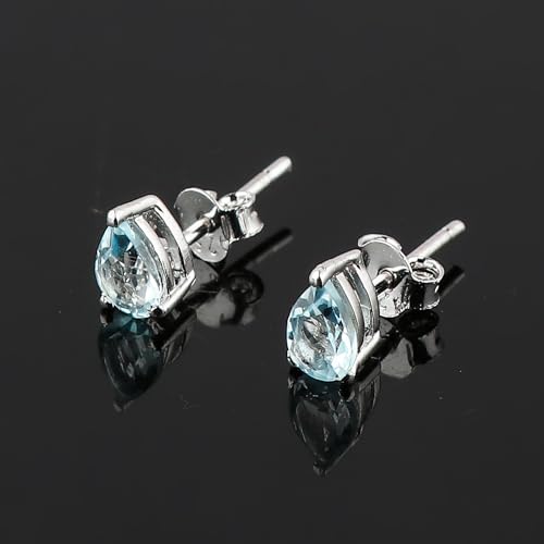 Real Blue Topaz Crystal Studs Earring Pair with Push Backs, Natural Gemstone, Birthstone, Brilliant Cut Pear Crystal, Healing Stone, Gift for Women, 925 Sterling Silver