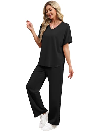 Sampeel Lounge Sets for Women V Neck Turn-UP Sleeves Tops Wide Leg Pants 2 Piece Sets Oversized Summer Vacation Outfits 2026 - color: Black, size: X-Large