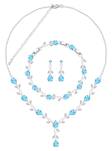 Jewelry Set for Women Bride Bridesmaid Wedding Party Prom Necklace Earrings Bracelet Set Gift for Mother Wife Friend - color: Sky Blue