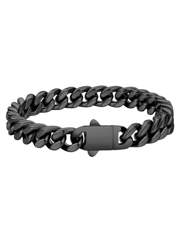 FaithHeart Cuban Link Bracelet for Men, Silver/Black/14K Gold Plated Stainless Steel Wrist Link Hip Hop Chain Bracelets, 5mm/7mm/9mm/12mm Width, 7.5"/8.3"/9" Length, with Gift Box - color: Black-07mm Width, size: Length 9.0 Inches