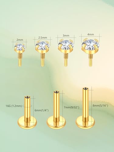 Oveta 16G 18G Flat Back Studs Earrings for Tragus Cartilage Piercing Jewelry, Surgical Steel Nose Rings Hoops 6/8/10mm, Silver/Gold - color: Gold, size: 16g*6/7/8mm bar