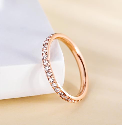 TIGRADE 2mm Women Titanium Eternity Ring Cubic Zirconia Anniversary Wedding Engagement Band Size 3-13.5 - color: Rose Gold