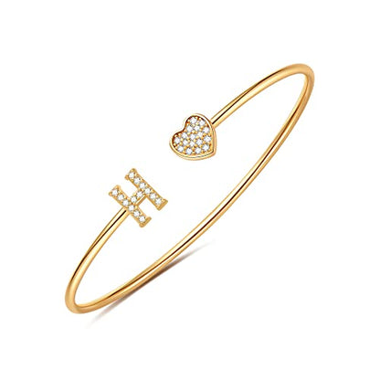 Gold Bracelets for Women Teen Girls, 14K Gold Plated Initial Heart Bangle | Adjustable Open Cuff Bracelet, Dainty Letter Jewelry, Daughter Sister Bridesmaid Friend, Birthday Christmas Graduation Gift - color: H