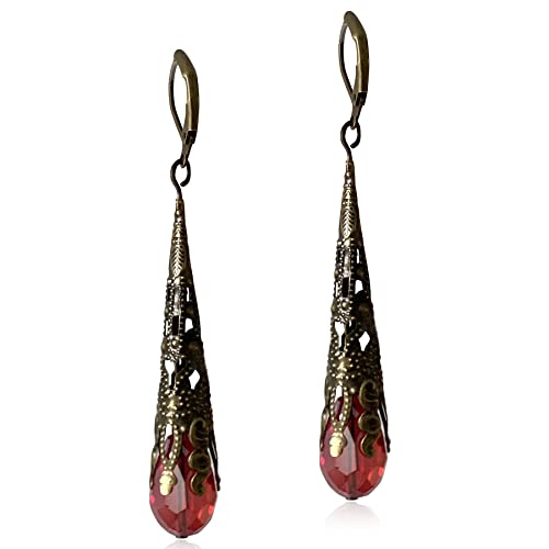 Indian Ethnic Vintage Gold Brone Sparkly Crystal Teardrop Dangle Drop Earrings Bohemian Gypsy Retro Rhinestone Hook Earrings for Women Love Statement Jewelry Gift - color: Red