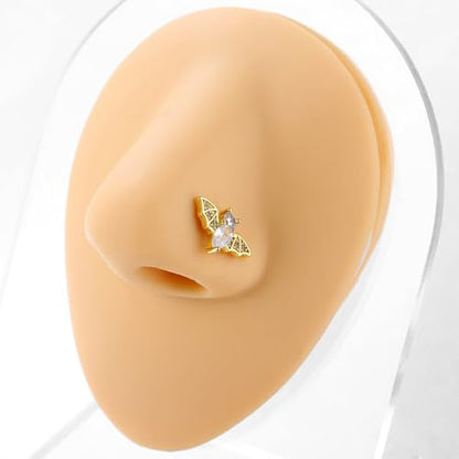 20G Bat L-Shaped Nose Rings for Women Girls Stainless Steel Cubic Zirconia Bat Nose Studs Sparkling Nose Piercing Jewelry - color: Gold