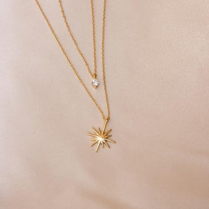 Gold Necklace For Women, Layered 14K Real Gold Plated Necklaces For Women,Dainty Gold Paperclip Chain Tear Circle CZ Pendant Necklace Stack,Trendy Gold Jewelry Set Gifts - style: Layered Diamond CZ Sun Pendant-Gold