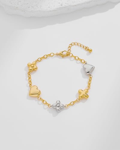 Two Tone Heart Charm Bracelet for Women, Adjustable Cute Bracelets with Heart/Clover Charms, Trendy Love Bracelet for Daily Wear Mixed Metal Jewelry Valentines Day Gift - style: Heart＆Clover