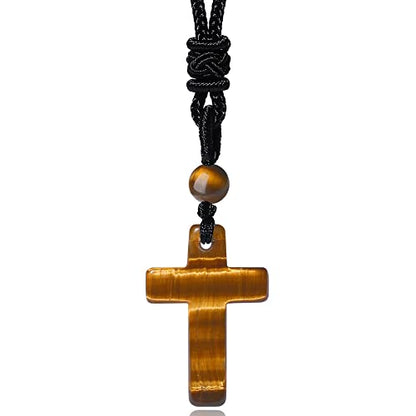QINJIEJIE Cross Crystal Necklace Adjustable Black Rope Natural Gemstone Quartz Stone Necklaces for Men Women Father's Day Gift - color: Yellow - Tiger Eye
