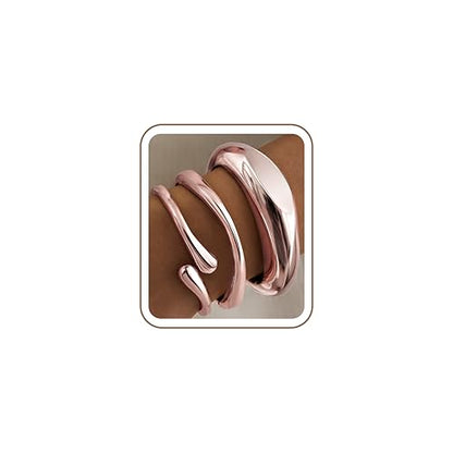 Chunky Gold Bangle Bracelets for Women, 14K Gold Plated Big Stackable Cuff Bracelet Set, Dainty Thick Dome Teardrop Bangles, Trendy Statement Jewelry Fashion Accessories - color: Rose Gold