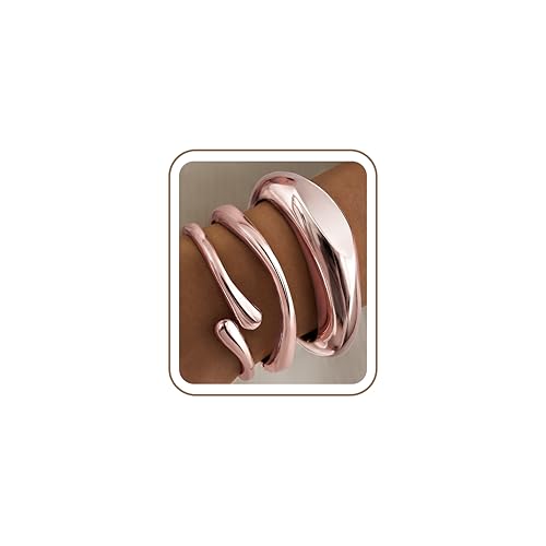 Chunky Gold Bangle Bracelets for Women, 14K Gold Plated Big Stackable Cuff Bracelet Set, Dainty Thick Dome Teardrop Bangles, Trendy Statement Jewelry Fashion Accessories - color: Rose Gold