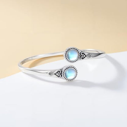 Moonstone Bangle Bracelet for Women 925 Sterling Silver 8MM Round Moonstone Cuff Bangle Ladies Jewelry Gifts