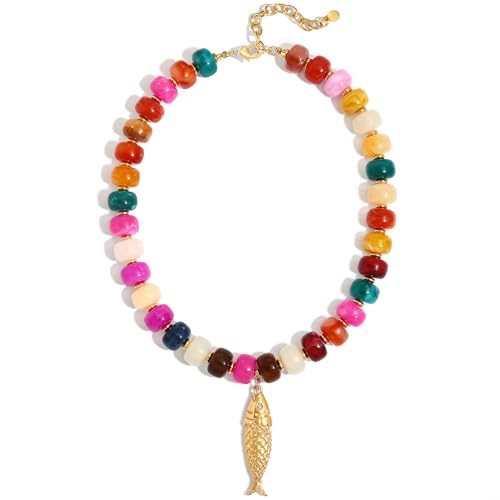 Chunky Gold Fish Pendant Necklace For Women Long Silk Scarf Turquoise Strand Necklace With Fish Pendants Boho Beach Shell Statement Necklaces - style: Bead Fish