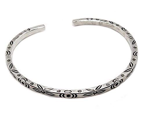 Sterling Silver Boho Floral Cuff Bracelet, Handmade Thin Delicate Squarish Bangle with oxidized flowers engraving, adjustable, Gift for Her