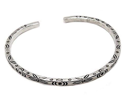 Sterling Silver Boho Floral Cuff Bracelet, Handmade Thin Delicate Squarish Bangle with oxidized flowers engraving, adjustable, Gift for Her