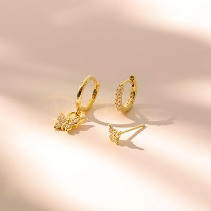 3 Pairs Earring Stacks, Gold Earring Set Jewelry Gift for Women | Small, 14K Gold/White Gold/Black/Rose Gold Plated, Hypoallergenic, Her, Everday, Stackable, Simple, 3 Holes - color: Gold-Butterfly