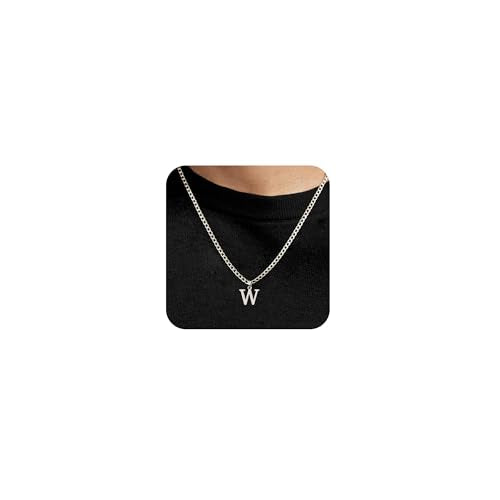 Silver Initial Necklace for Men Letter Pendant Cuban Link Chain | Stainless Steel 4mm 20 Inch Chain Non Tarnish Silver Plated A-Z Capital Name Charm Custom Personalized Jewelry Gift for Man - style: Silver:W