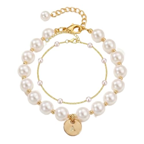 Fizzlup 2Pcs Pearl And Gold Initial Bracelet Set，Dainty Pearls Bracelets Jewelry for Women Wedding Prom Trendy Crystal Charm Cuff Stack Bead Linkbracelet Personalized Gift Stuff Letter - color: A