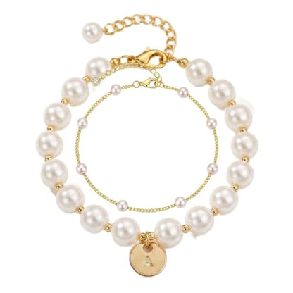 Fizzlup 2Pcs Pearl And Gold Initial Bracelet Set，Dainty Pearls Bracelets Jewelry for Women Wedding Prom Trendy Crystal Charm Cuff Stack Bead Linkbracelet Personalized Gift Stuff Letter - color: A