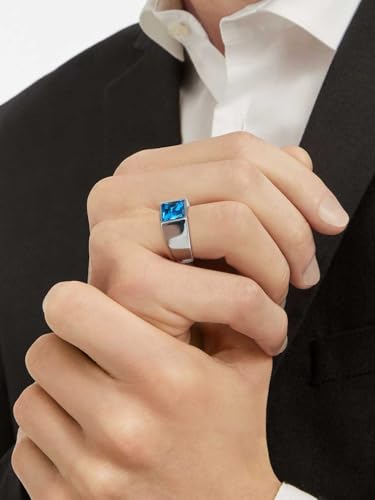 KeyStyle Square Gemstone Signet Rings for Men, Personalized Stainless Steel Pinky Ring with Black Onxy Blue Topaz Birthstone Statement Ring - color: 316L Stainless Steel- Blue Topaz-8mm
