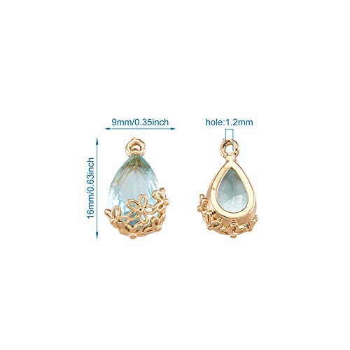 FASHEWELRY 50Pcs Faceted Transparent Glass Teardrop Pendants Crystal Glass Dangle Oval Drop Bead Charms with Golden Flower Open Back Settings for Jewelry Craft Making - color: Light Green