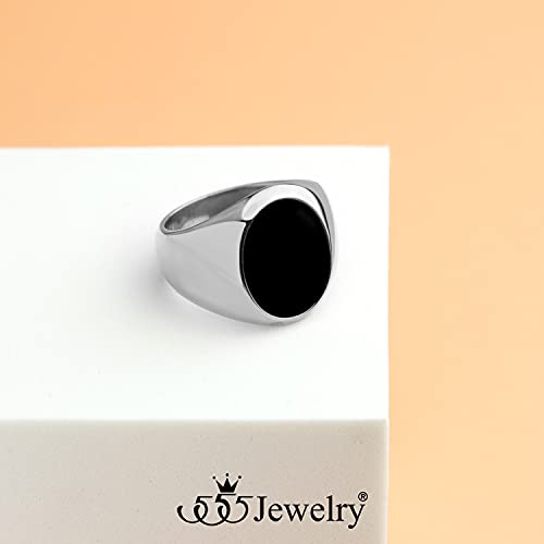 555Jewelry Stainless Steel High Polish Plain Oval Black Onyx Signet Ring for Men - color: Silver