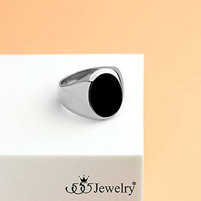 555Jewelry Stainless Steel High Polish Plain Oval Black Onyx Signet Ring for Men - color: Silver