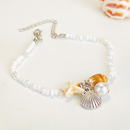 Beach Puka Shell Anklet for Women Waterproof Beaded Ankle Bracelets Adjustable Starfish Seashell Pearl Foot Chain Boho Jewerly Present for Summer Beach Party - color: beige