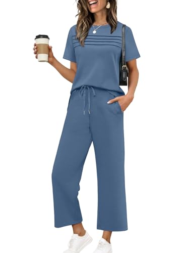 WIHOLL Two Piece Sets for Women Summer Spring Travel Vacation Outfits Short Sleeve Lounge Sets Side Slit Wide Leg Pants S-3XL - color: Blue, size: Medium