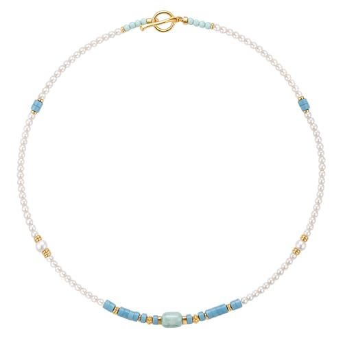 Pearl Necklace for Women Paperclip Chain Chunky Gold Necklace, Freshwater Cultured Pearls Trendy Link Chain 18K Gold Plated Dainty Pearl Choker - color: Pearl&Blue Stone